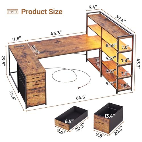 SEDETA L Shaped Desk with Storage Shelves, 64.5" Reversible U Shaped Office Desk with 3 Fabric Drawers, Gaming Desk with Power Outlet & LED Strip for Home Office, Rustic Brown - color: Rustic Brown