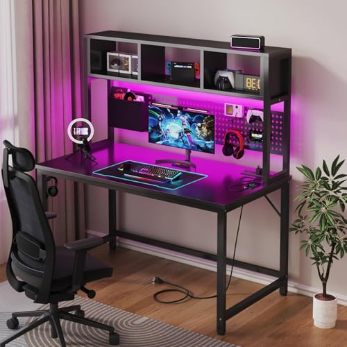 DLisiting Black Gaming Desk with Hutch and Pegboard - 47 Inch Gaming Desk with Shelves Storage Power Outlets, Computer Teen Work Study Writing Desks for Bedroom Home Office - color: Black