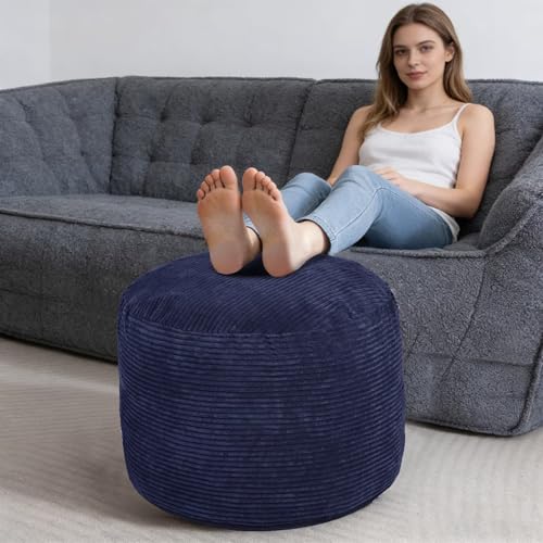 Round Pouf Ottoman Foot Rest with Foam Chunk Filling, Corduroy Ottomans for Living Room Floor Poufs (20"x15",Navy Blue) - color: A-navy, size: 20"D x 20"W x 15"H
