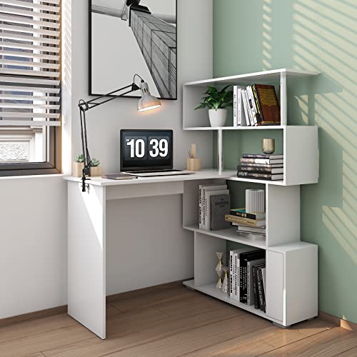Mondeer 41.7" L-Shaped Desk with 4-Tier Shelves for Home Office, White - color: White