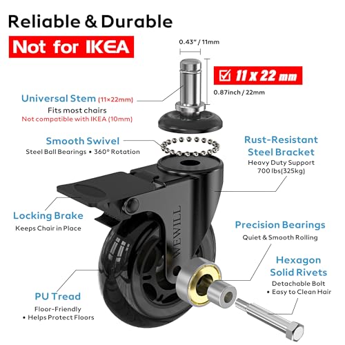 WEWILL Office Chair Wheels - Rubber Casters Replacement Universal Fit 98% Chair(Set of 5) Heavy Duty 3 Inch Smoothly & Quietly Safe for All Floor, Hardwood, Tile, Carpet, Noise Free - Glossy Black - color: Glossy Black
