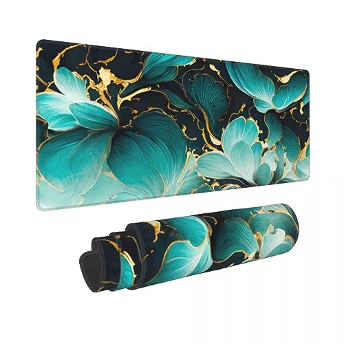 Desk Pad,Office Desk Mat 31.5"×11.8" Large Gaming Mouse Pad,Extended Computer Mouse Pad,Waterproof Thick Big Mouse Pads with Non-Slip Rubber Base Office Home Blue Gold Marble Flower - color: Xl01-16 Blue Gold Marble Flower, size: 31.5 x 11.8 in