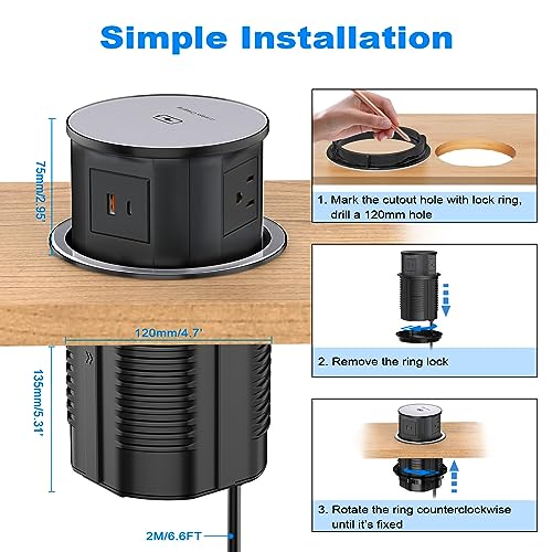 XBA Pop Up Outlet for Countertop with 20W USB C, Recessed Power Strip 4-3/4'' Hidden Outlet with 15W Wireless Charger Electrical Power Socket with 4 AC Plug and 1 USB-A Port for Kitchen(Black) - color: Black