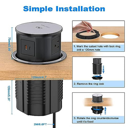 XBA Pop Up Outlet for Countertop with 20W USB C, Recessed Power Strip 4-3/4'' Hidden Outlet with 15W Wireless Charger Electrical Power Socket with 4 AC Plug and 1 USB-A Port for Kitchen(Black) - color: Black