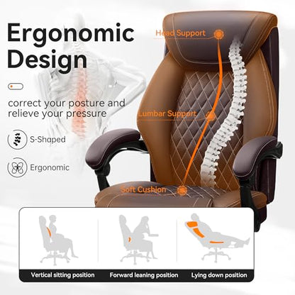BestGlory Office Chair, Executive Leather Chair Adjustable High Back, Computer Desk Chair Lumbar Support, Big and Tall Office Chair with Footrest, Comfy Reclining Chair for Home Office - color: Coffee, style: With Footrest