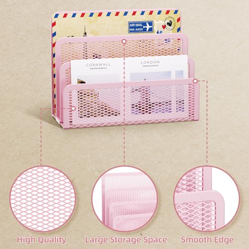 Marbrasse Mail Organizer for Desk, 3-Slot Mesh Metal Mail Holder countertop, Letter Holder, Office Desktop Envelope and Document Storage Rack (Pink) - color: Pink