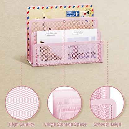 Marbrasse Mail Organizer for Desk, 3-Slot Mesh Metal Mail Holder countertop, Letter Holder, Office Desktop Envelope and Document Storage Rack (Pink) - color: Pink