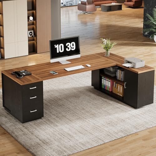 Tribesigns 85.8-Inch L-Shaped Executive Desk, Warm Brown & Black - color: Warm Brown & Black