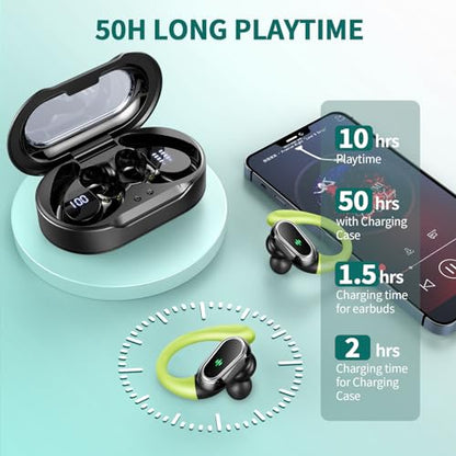 Wireless Earbuds, 2026 Bluetooth 5.4 Headphones Sport, 50Hrs HiFi Stereo Deep Bass Over-Ear buds with ENC Noise Cancelling Mic, IP7 Waterproof & LED Display Earphones with Earhooks for Workout/Running - color: Dark Green