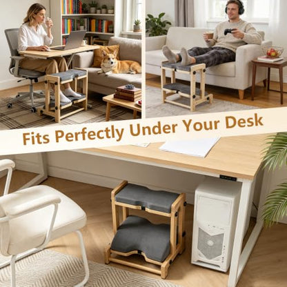 Double Step Foot Rest Under Desk, 8-Level Dual Adjustable Under Desk Foot Rest– 4 Height + 4 Angle Settings, Ergonomic Leg Rest with Cushion for Posture Support, Home Office & Gaming, Natural Wood