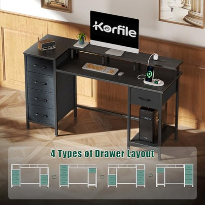 Korfile 55 Inch Gaming Computer Desk with Power Outlets,LED,5 Drawers,Black - color: Black, size: 55 Inch