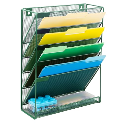 EASEPRES Desk File Organizer Mesh 6-Tier, Hanging Wall Mount Document Organization Stand, Desktop Vertical Mail Paper Folder Holder Rack with Bottom Tray for Office Home Cubicle Countertop, Dark Green - color: Dark Green, size: 6 Tier