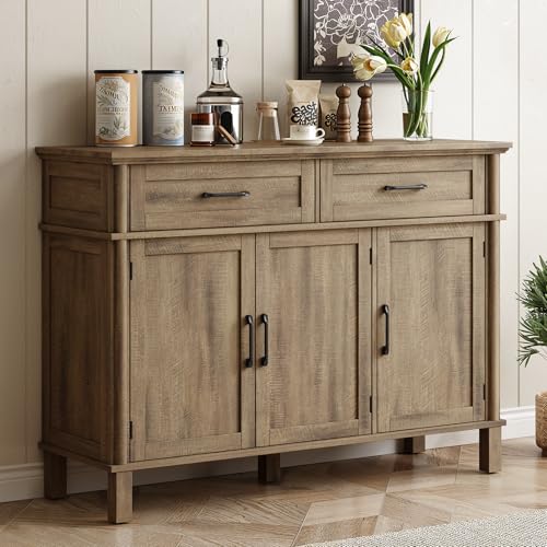 48 Inch Buffet Cabinet with Storage, Washed Grey | Farmhouse Sideboard Buffet w/2 Drawers and 3 Doors, Wood Coffee Bar Cabinet with Adjustable Shelves for Kitchen, Living Room - color: Washed Grey, size: 48 Inch