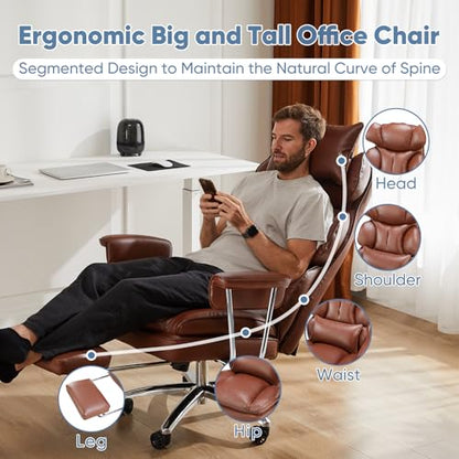 DUMOS Ergonomic Home Office Desk Chair, Executive Chair, PU Leather | Big Tall High Back, Lumbar Support, Reclining Height Adjustable, Computer Gaming, Footrest Swivel Wheels, Brown - color: Brown