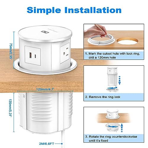 XBA Pop Up Outlet with 15W Wireless Charger, 4 AC Plug 1 USB-A and 1 USB-C, Electrical Desk Power Grommet for Kitchen Countertop, 4-3/4'' Hidden Recessed Power Strip for Home Office (White) - color: White