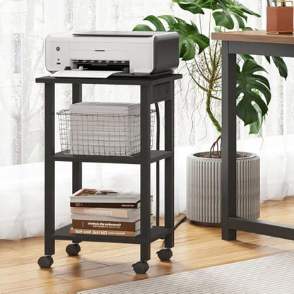 TUTOTAK Printer Stand, 3 Tier Rolling Printer Cart with Charging Station | Small Under Desk Printer Table with Wheels for Small Space, Office, Home, Black PS01BK001 - color: Black, size: 3 tier(15.7 x 11.8 x 23.6inchs)