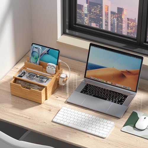 Pezin & Hulin Charging Station Dock with Charger HUB and Cables-Natural | Nightstand Docking Station with Lined Tray & Drawer for Multi Device, Compatible with Tablet, Cell Phones, Watch & Earbuds - color: Natural (With Charger)