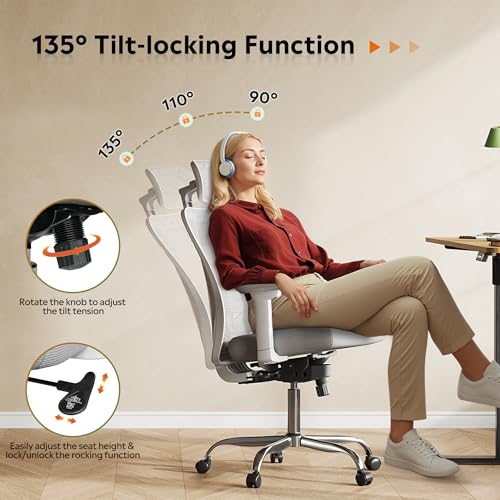 DEVAISE Ergonomic Mesh Office Chair with Adjustable 3D Headrest and Tilt Function, Big and Tall Reclining Comfy Home Computer Desk Chair with Lumbar Support and 3D Armrests, White