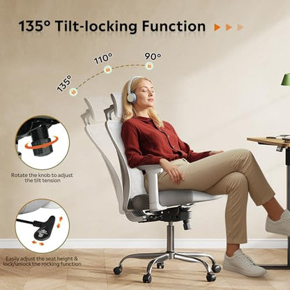 DEVAISE Ergonomic Mesh Office Chair with Adjustable 3D Headrest and Tilt Function, Big and Tall Reclining Comfy Home Computer Desk Chair with Lumbar Support and 3D Armrests, White
