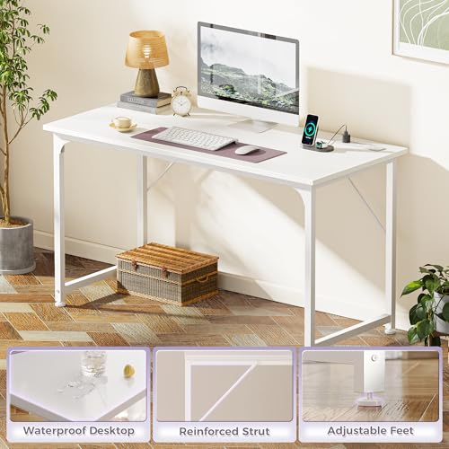 PRAISUN 47 X 20 Inch Computer Desk, Power Outlets, USB-C, White - color: White, size: 48inch