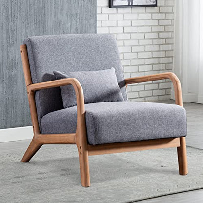 INZOY Mid Century Modern Accent Chair with Wood Frame, Upholstered Living Room Chairs with Waist Cushion, Reading Armchair for Bedroom Sunroom (Dark Grey) - color: A-grey