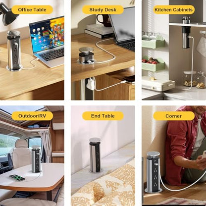 Pop up Outlet for Countertop, 3 AC Outlets & 2 USB-A, 3-1/4 Inch Silver | Recessed Power Strip, 2 USB-A Ports, 3 Sockets, for Desktop, Kitchen Countertop, Home Office - color: Silver