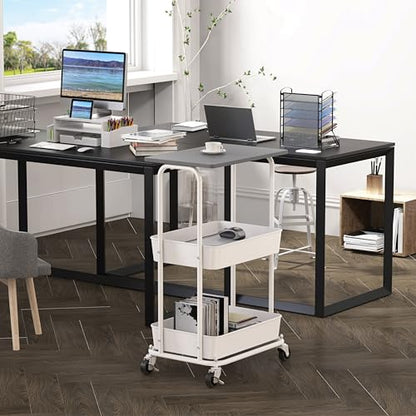 Simple Houseware 2-Tier Rolling Utility Cart Wood Top/Lockable Wheel, Gray | Metal Storage Organizer Trolley for Kitchen, Bathroom, Office, Craft Room - color: Grey