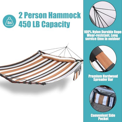 TegerDeger 12FT 2 Person Hammock with V Shaped Spreader Bar -Coffee Stripes - color: Coffee Stripes