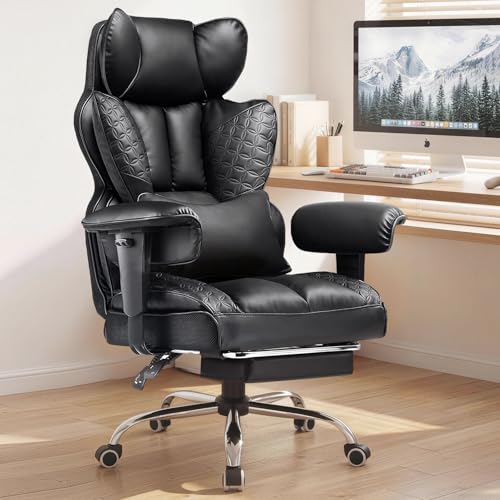 COMHOMA Big and Tall Office Chair Heavy Duty Gaming Chair with Deluxe Embossing Leather High Back Wider Ergonomic Computer Chair with Foot Rest 145°Reclining Pocket Spring Lumbar Support - color: Coal Black