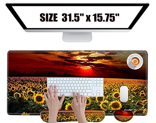Sunflower Keyboard and Mouse Pad Gaming Desk Mat Set Large Mousepad with Wrist Rest XL Desk Pad Extended Computer Mats 31.5" x 15.75" Mouse Mat for Desktop Women - color: Sunset