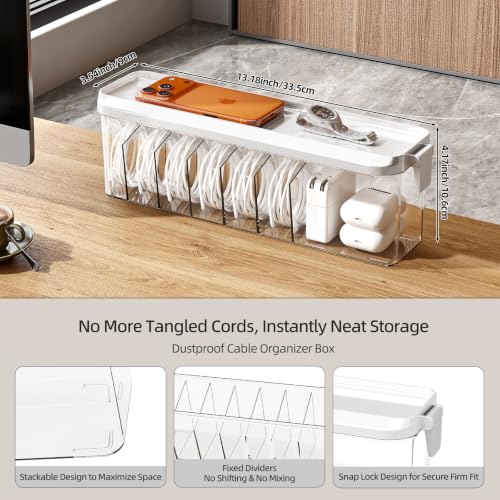 2 Pack Cable Organizer Box with Lid, Charge Cord Storage Organizer | Stackable Cable Storage Box, Fixed Dividers, No Cable Ties, Clear Dustproof Wire Management for Home Office Electronics