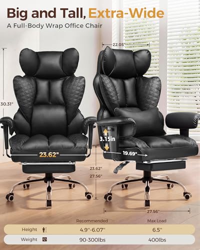 COMHOMA Big and Tall Office Chair Heavy Duty Gaming Chair with Deluxe Embossing Leather High Back Wider Ergonomic Computer Chair with Foot Rest 145°Reclining Pocket Spring Lumbar Support - color: Coal Black