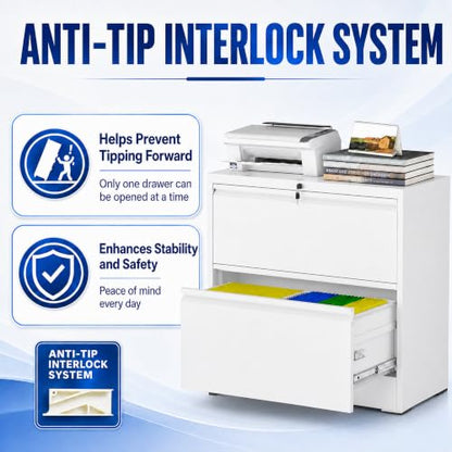 2 Drawer Lateral File Cabinet with Lock, 35.4" W File Cabinet - color: White, size: 35.4"W - 2 Drawer