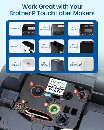 TZe-251 TZe251 Replacement for Brother P Touch TZe Label Tape 24mm 0.94'' | TZe TZ Label Maker Tape Refills White 1 Inch Compatible with Brother PT-D600 PT-D610BT PT-P710BT PT-P700 PT- P910BT, 6-Pack - color: Black on White, size: 24mm