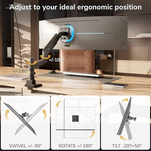 Mount-It! Ultrawide Monitor Desk Mount with Pole, Fits 17–49” Screens, Heavy Duty Height-Adjustable Gas Spring Arm, 44 lbs Capacity, Full Motion, VESA 75/100, Clamp or Grommet