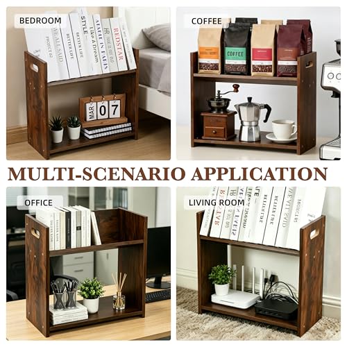 Desktop Bookshelf, 2 Tier Desk Shelf Organizer, Wood Office Tabletop Bookcase, Small Tabletop Book Rack, Portable Mini Bookcase for Book Display, Office, Home, Bedroom, Storage and Display