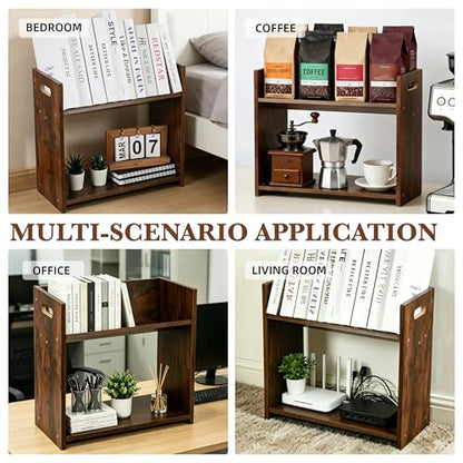 Desktop Bookshelf, 2 Tier Desk Shelf Organizer, Wood Office Tabletop Bookcase, Small Tabletop Book Rack, Portable Mini Bookcase for Book Display, Office, Home, Bedroom, Storage and Display