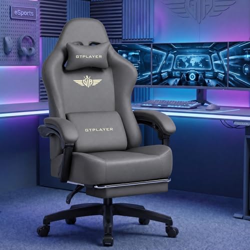 GTPLAYER Big and Tall Gaming Chair 400lbs Heavy Duty Office Chair with Footrest, High Back Pocket Spring Ergonomic Computer Chair for Adults, Wide Seated Cushion with Linkage Armrests, Leather Grey - color: Dark Grey