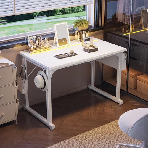 DurayLoly 40" Gaming Desk with Waterproof LED Lights for Bedroom,White - color: White, size: 40 IN