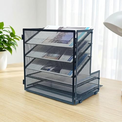 SETTFRFE 5-Tier Metal Desk File Organizer, File Tray Rack | 3 Slanted+2 Horizontal Paper File Holder for Office Supplies,Multi Layer Letter Tray,Home Office Desktop Storage Rack,Black