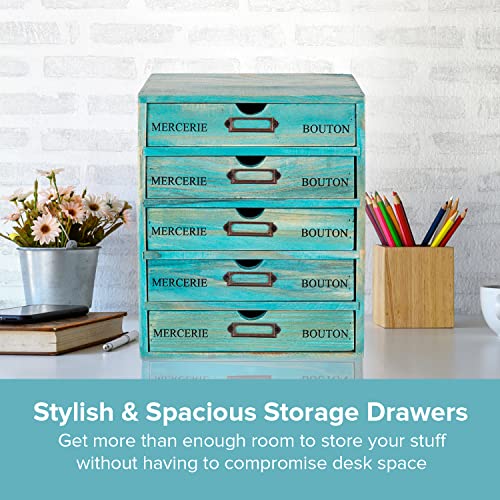 Turquoise 5-Tier Drawer Desktop Curio Cabinet - French Farmhouse Country Desk Organizer Box - Wooden Stackable Shelves - Teal Countertop Shelf w/Label Holder - 5-Level File Drawer Unit - style: 5 Drawer I 12.2"