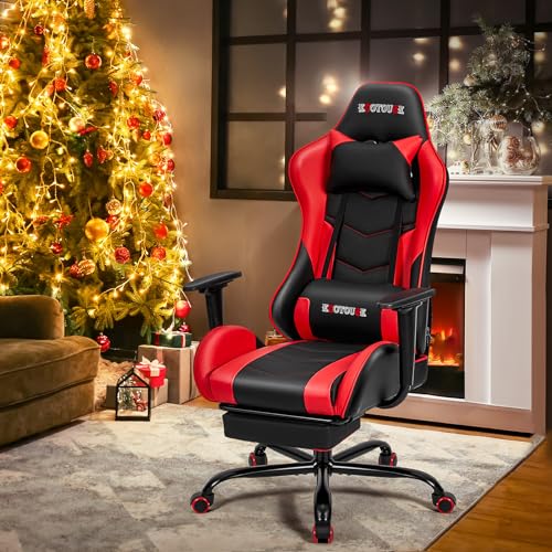ECOTOUGE Red Ergonomic PC Massage Gaming Chair with Footrest - color: Red, size: with footrest