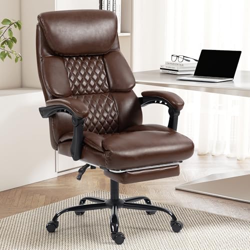 Office Chair, Executive High Back Leather Home Office Desk Chair with Footrest & Lumbar Support - Ergonomic Reclining Comfortable Wide Swivel Rolling Gaming Computer Chair 90-135° Adjustable Tilt Lock - color: Auburn Brown, size: 9009 With Footrest