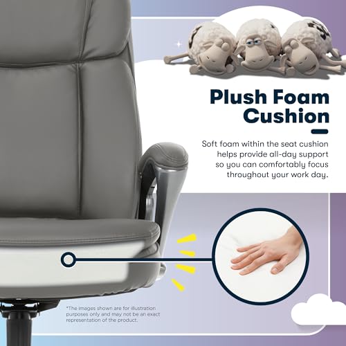 Serta Ergonomic Big and Tall Executive Office Chair Lumbar Support, Leather | Fairbanks, Gaming Chair with Headrest, 350lb Capacity, Padded Arms, Semi-Plush Seat Cushion, Adjustable Height and Tilt, Gray - color: Grey, size: 350 lbs