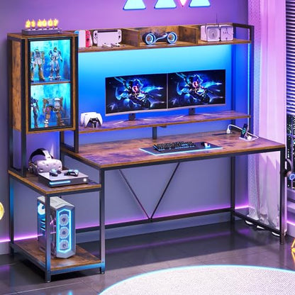 SEDETA 60'' Gaming Desk with Storage, Hutch, Display Cabinet and LED Lights - color: Rustic Brown