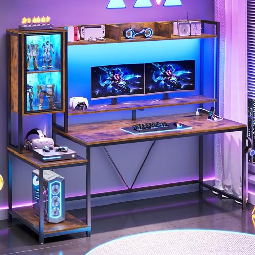 SEDETA 60'' Gaming Desk with Storage, Hutch, Display Cabinet and LED Lights - color: Rustic Brown