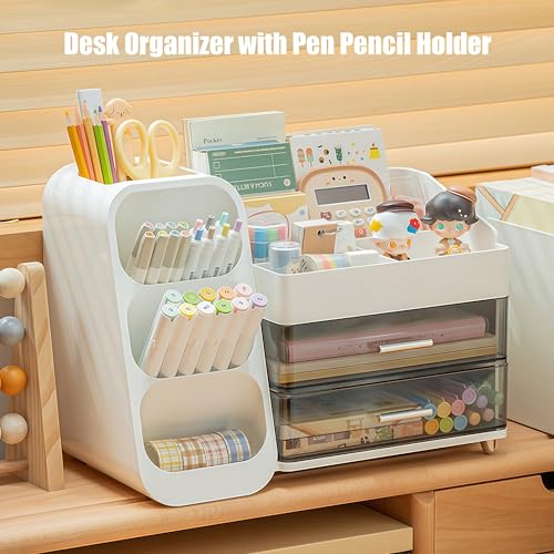 Desk Organizer with Pen Pencil Holder, Pen Organizer with 2 Drawers & 4 Compartments, Desktop Organizers and Storage for Office Home School Art Supplies (Black)
