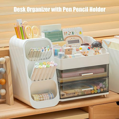 Desk Organizer with Pen Pencil Holder, Pen Organizer with 2 Drawers & 4 Compartments, Desktop Organizers and Storage for Office Home School Art Supplies (Black)