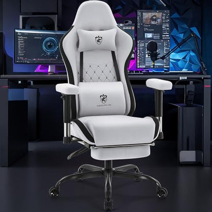 Gaming Chair,Office Chair with Footrest,Massage,Grey Black | Breathable Fabric,Gel Pad,Ergonomic,Spring Cushion,High Back,2D Adjustable Arms,Reclining,Lumbar Support,Headrest,Gamer Chair - color: Grey Black