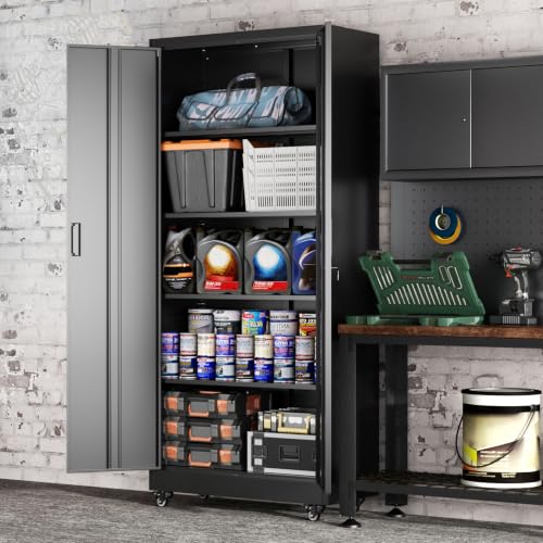 Greenvelly 73" Storage Cabinet with Wheels, Rolling Metal Cabinet with Locking Doors and Adjustable Shelves, Steel Tool Cabinet for Home Office, Garage, Warehouse, Black(32" W x 16" D) - color: Black, size: Rolling 73"